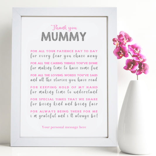 Personalised Thank You Mummy Poem Print