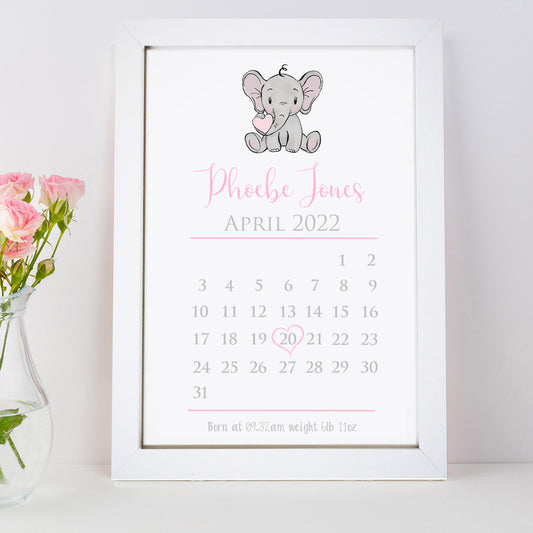 Personalised New Baby Boy Girl Date Of Birth Elephant Print