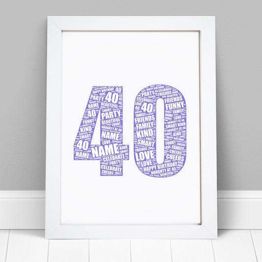 Personalised 40th Birthday Word Art Print
