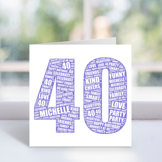 Personalised 40th Birthday Word Art Card