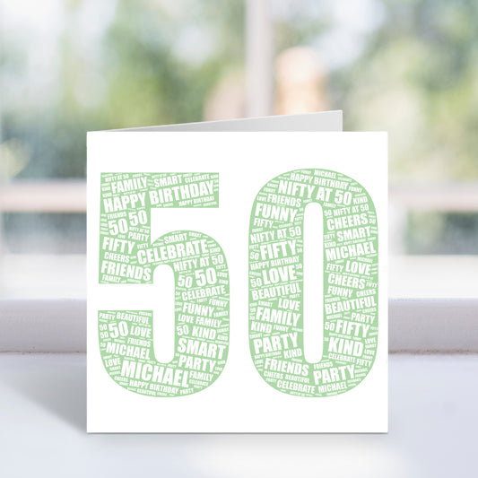 Personalised 50th Birthday Word Art Card