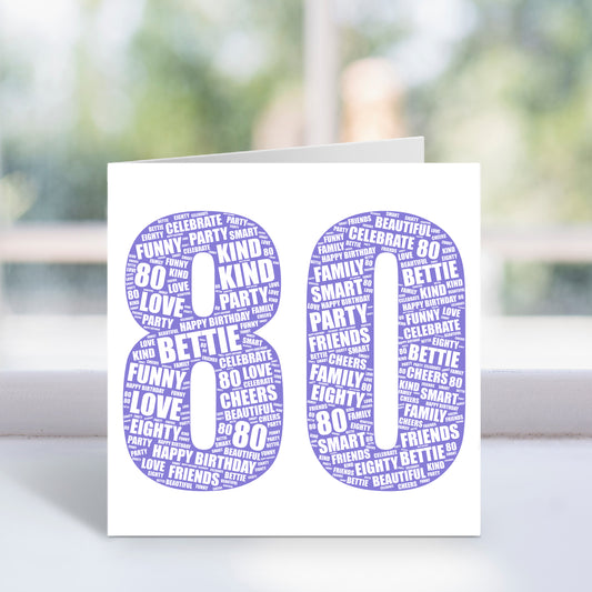Personalised 80th Birthday Word Art Card