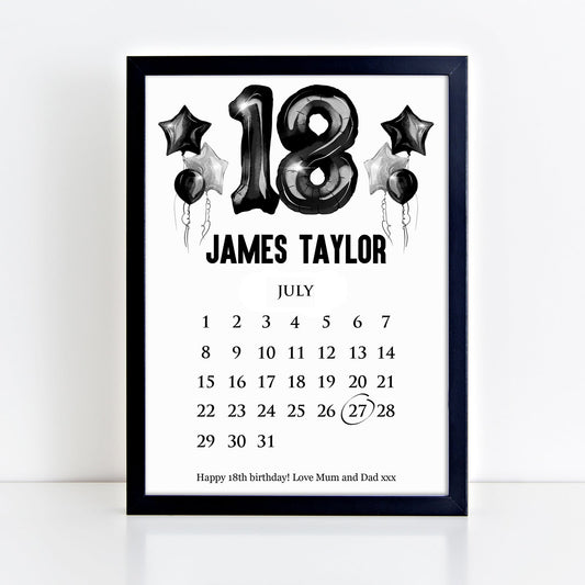 Personalised 18th Birthday Calendar Print