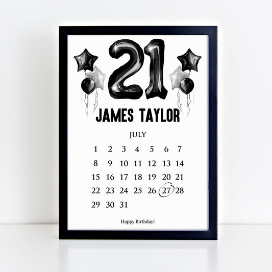 Personalised 21st Birthday Calendar Print