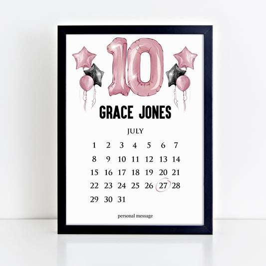 Personalised 10th Birthday Calendar Print