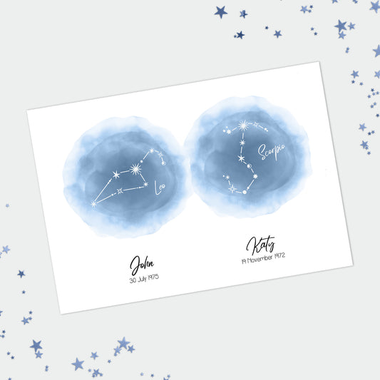 Personalised Couples Zodiac Star Sign Print