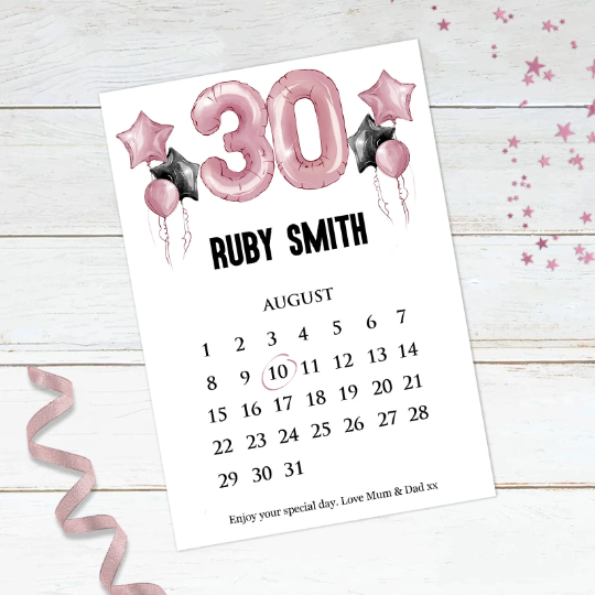 Personalised 30th Birthday Calendar Print